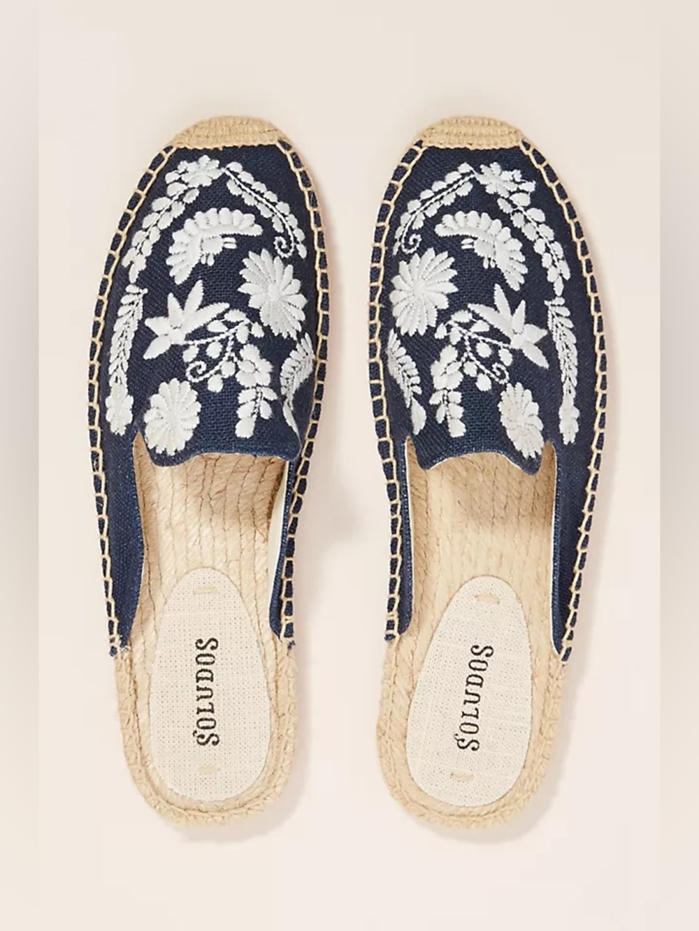 Soludos Wildflower Embroidered Mule Espadrille Slides in Navy/White Size 7.5